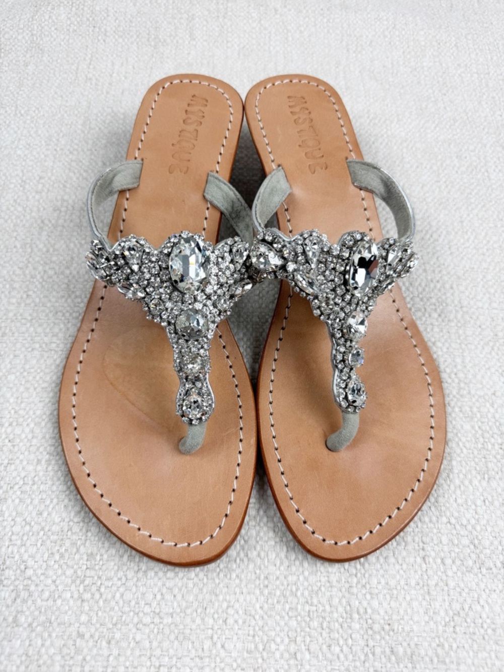 Mystique Jeweled Wedge Thong Sandals Women's Silver Crystal Rhinestone Strap